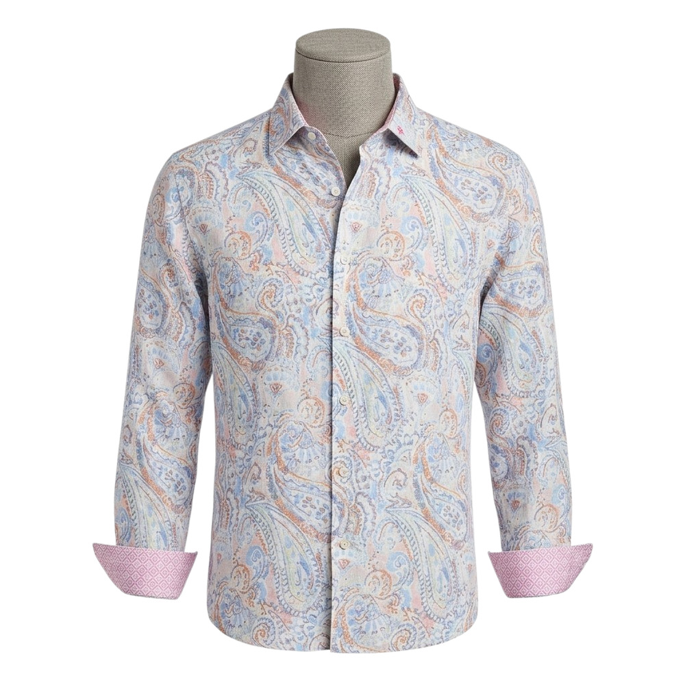 Tommy Bahama Mens Playa Blanca Paisley Linen Button‎ Down Shirt Blue Pink Medium